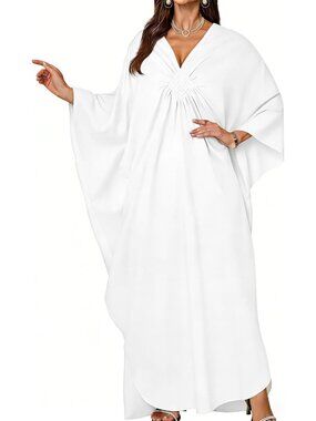 Women White Polyester Plus Size V Neck Printed Batwing Sleeves Kaftan Coverup